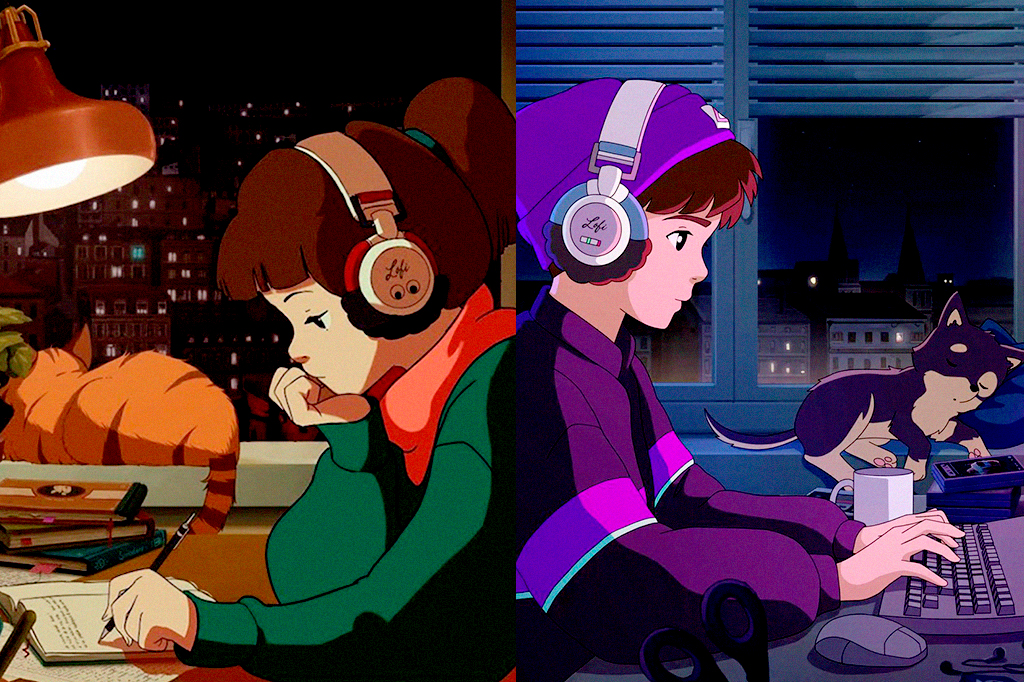 Montagem com os dois personagens do canal de musica Lofi Girl.