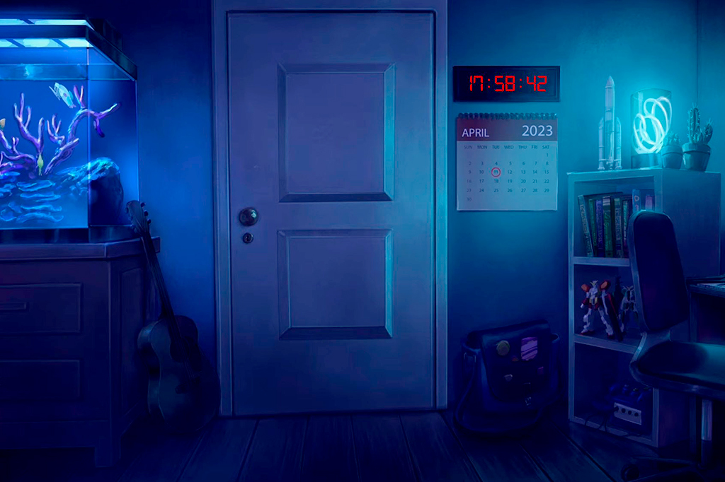 Ilustração de um quarto em tons azuis.