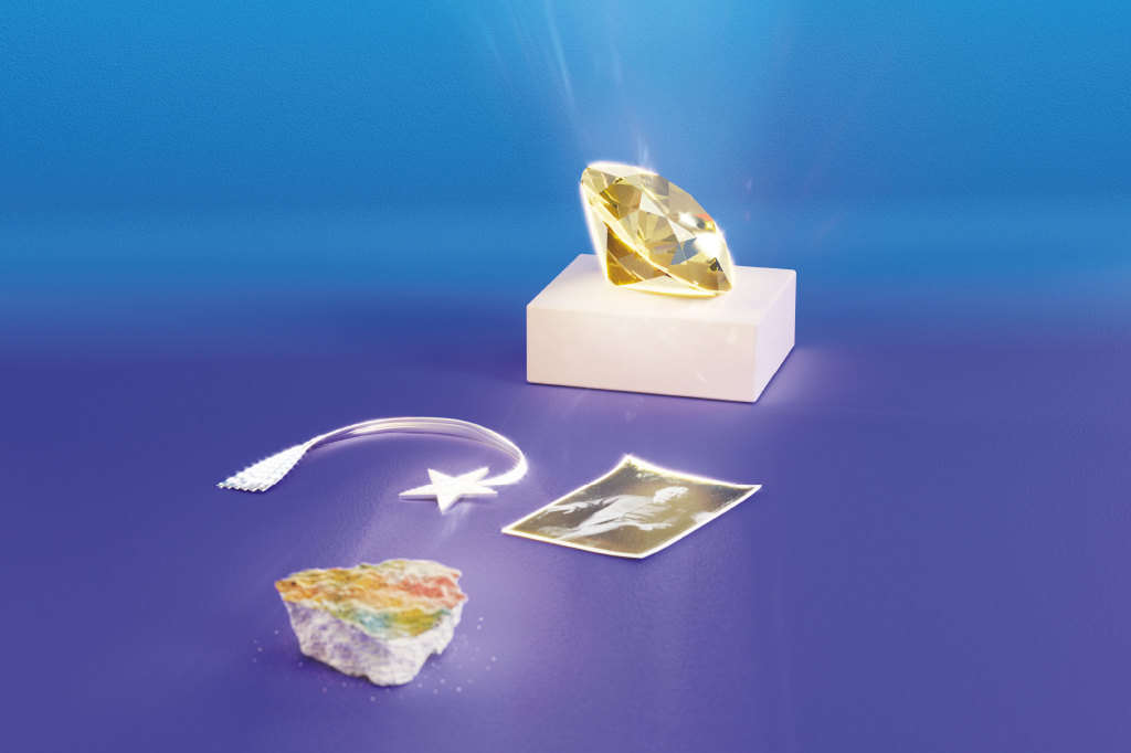 Ilustração 3D do diamante Eureka refletindo luz em elementos importantes na história dos diamantes, como: um fragmento do muro de Berlim, uma foto de Cecil Rhodes e um colar da Chanel.