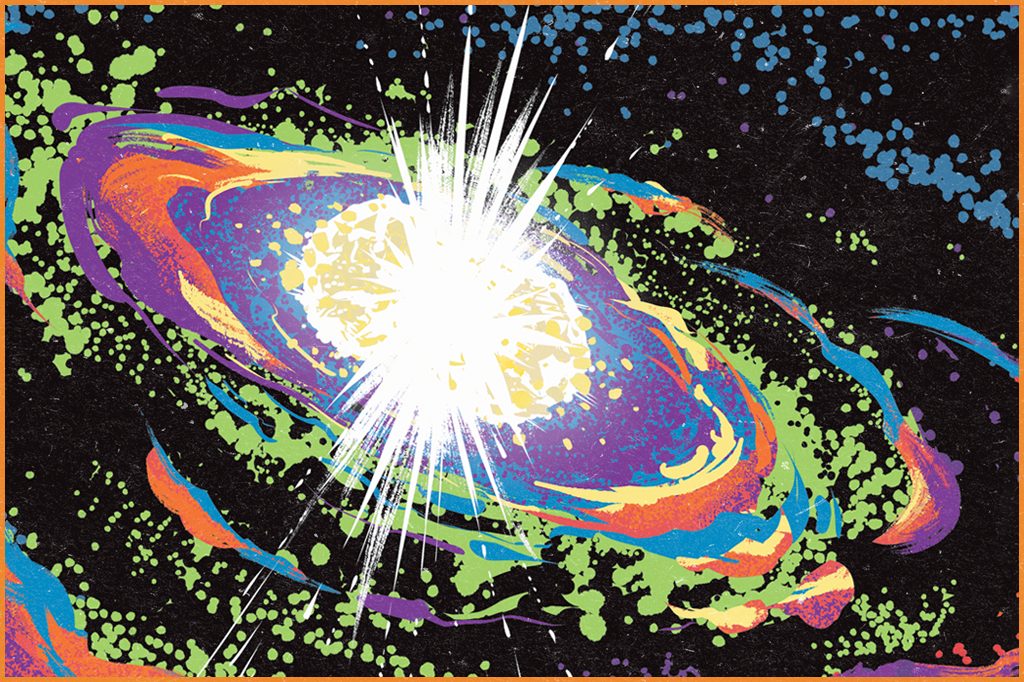 Ilustração da colisão de estrelas de nêutrons.