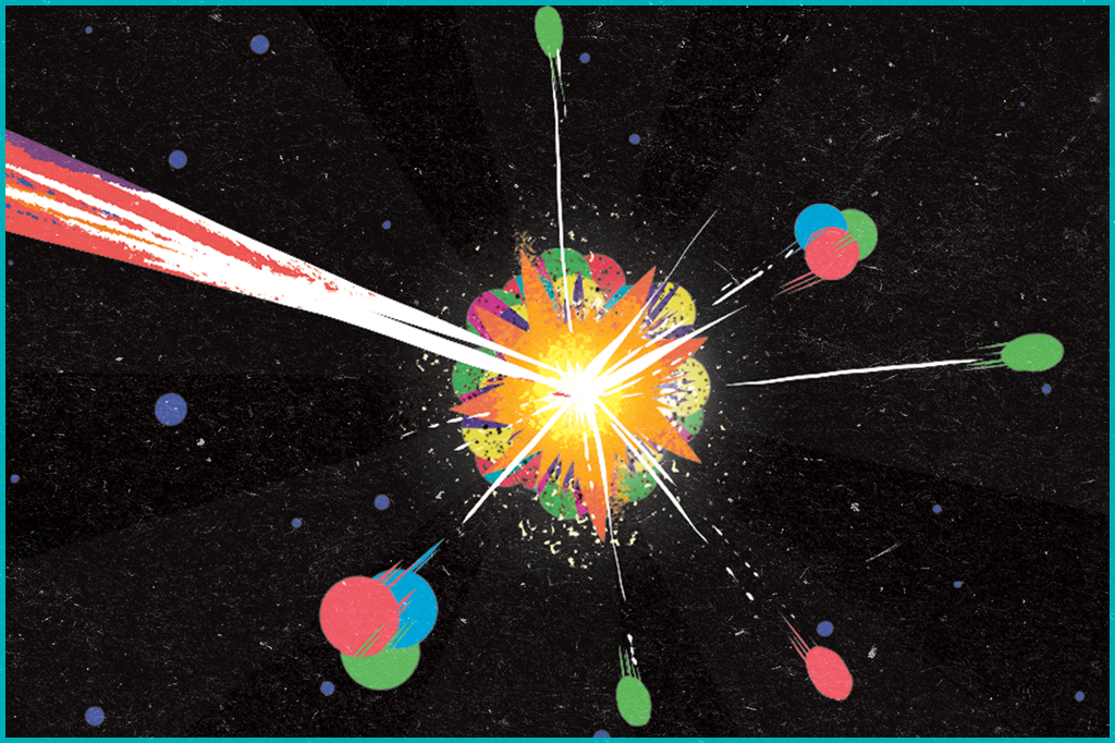 Ilustração de átomos sendo atingidos por um raio cósmico.