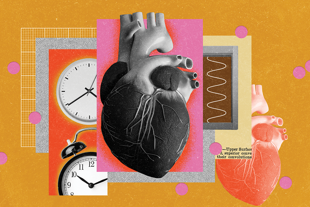 Colagem com coração anatômico, relógios marcando horas diferentes e ondas.