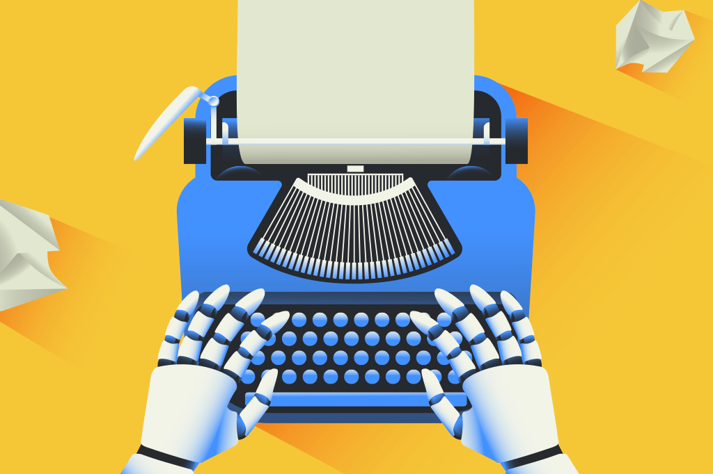 Ilustração de mãos robóticas usando uma máquina de escrever.
