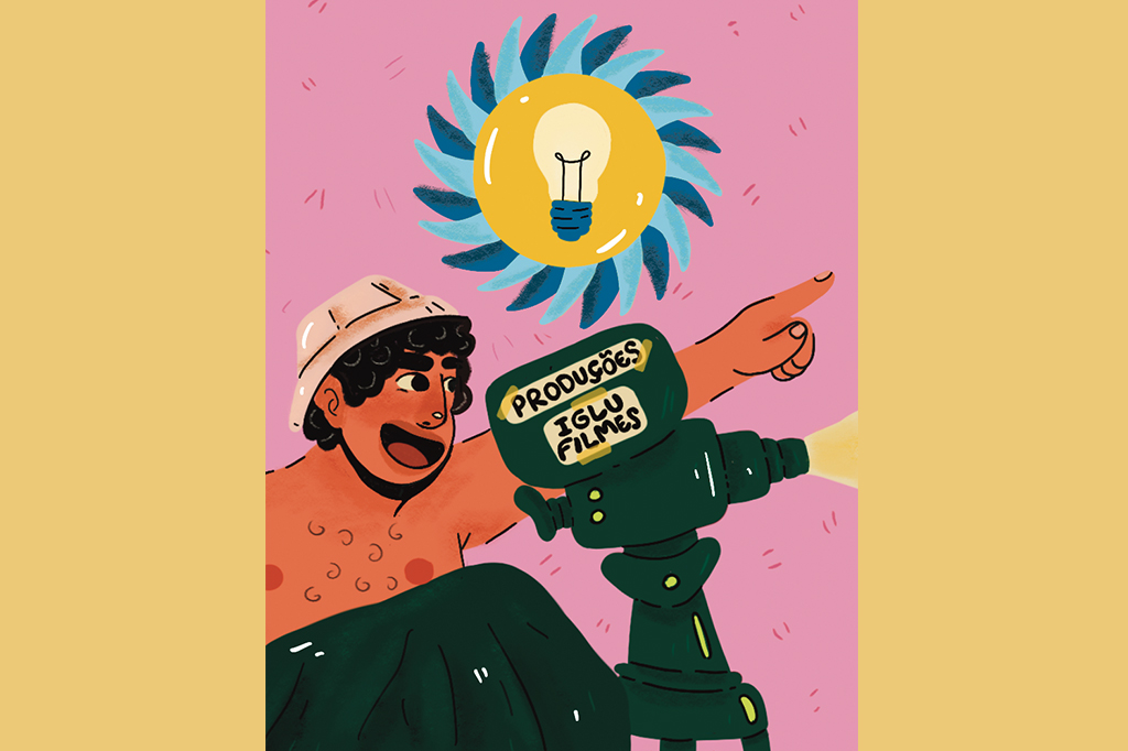 Ilustração de um rapazinho manuseando uma câmera, e uma lâmpada piscando.