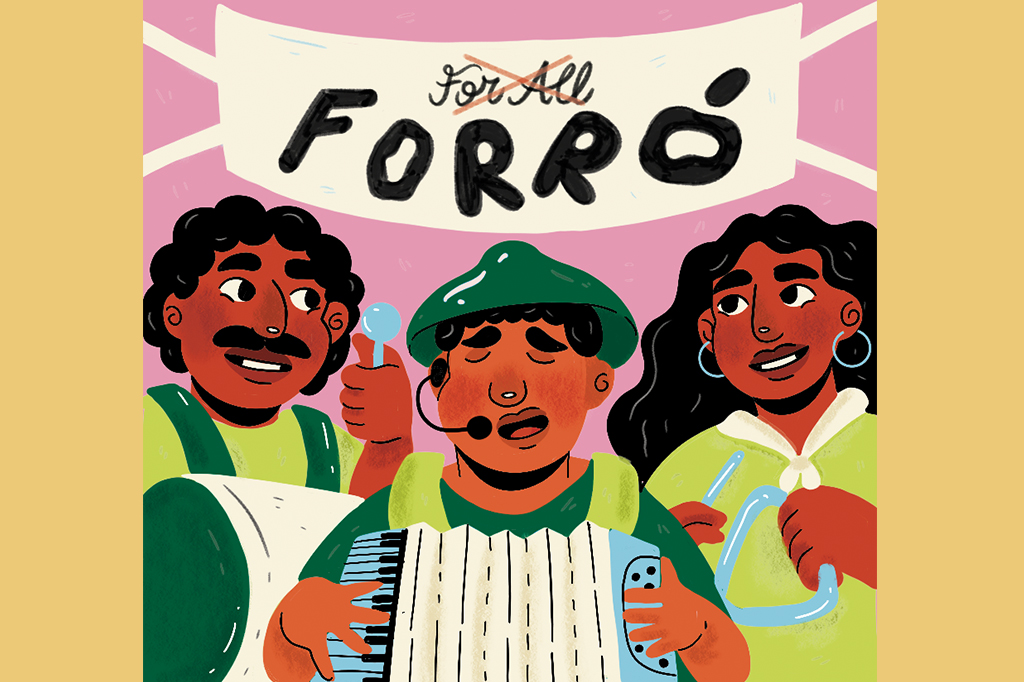 Ilustração de festinha de forró, com uma faixa decorativa escrito "Forró" em destaque, e "For All" riscado com um X vermelho.