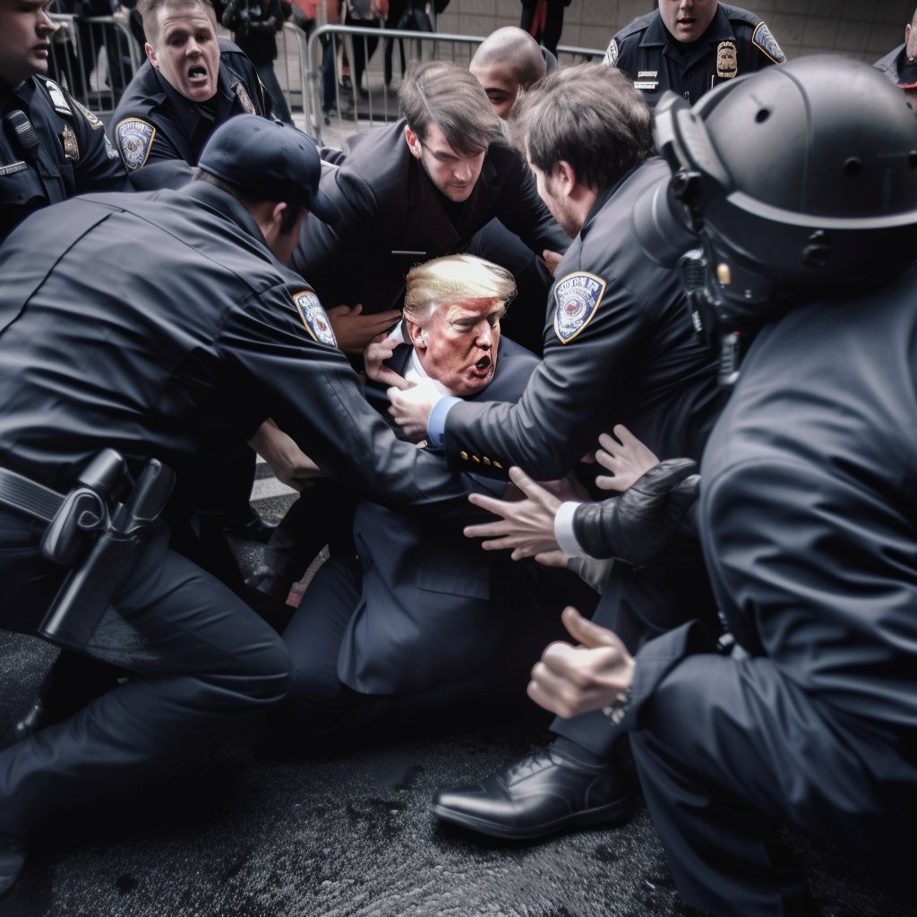 Imagem gerada por inteligência artificial do ex-presidente Trump sendo preso.