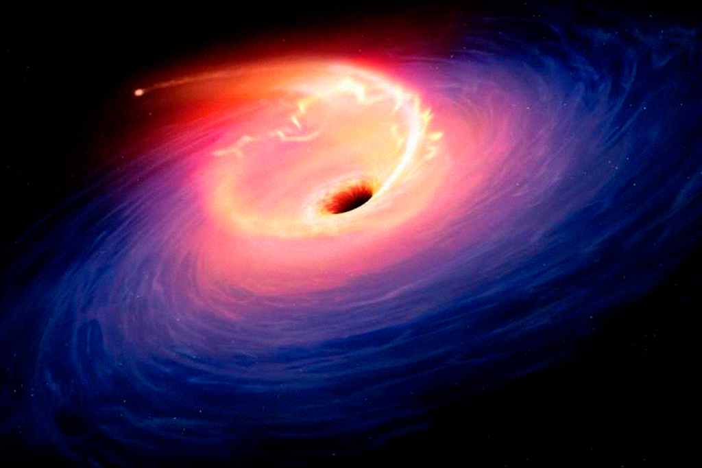 Ilustração mostrando um buraco negro destruindo uma estrela.