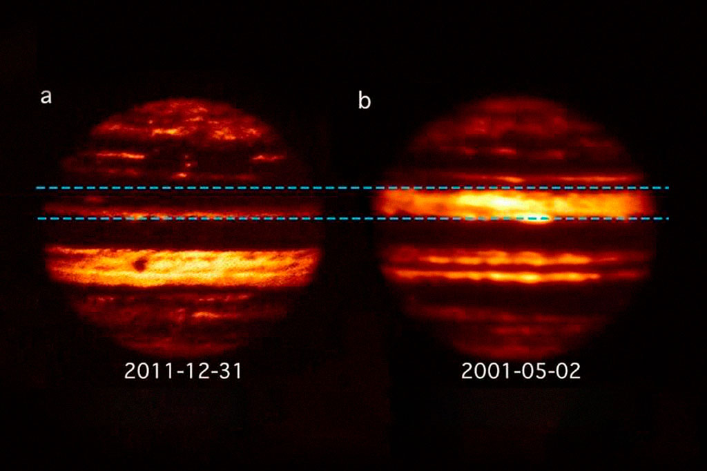Imagens de um telescópio infravermelho terrestre, mostrando Júpiter com radiação de comprimento de onda de 5 mícrons.