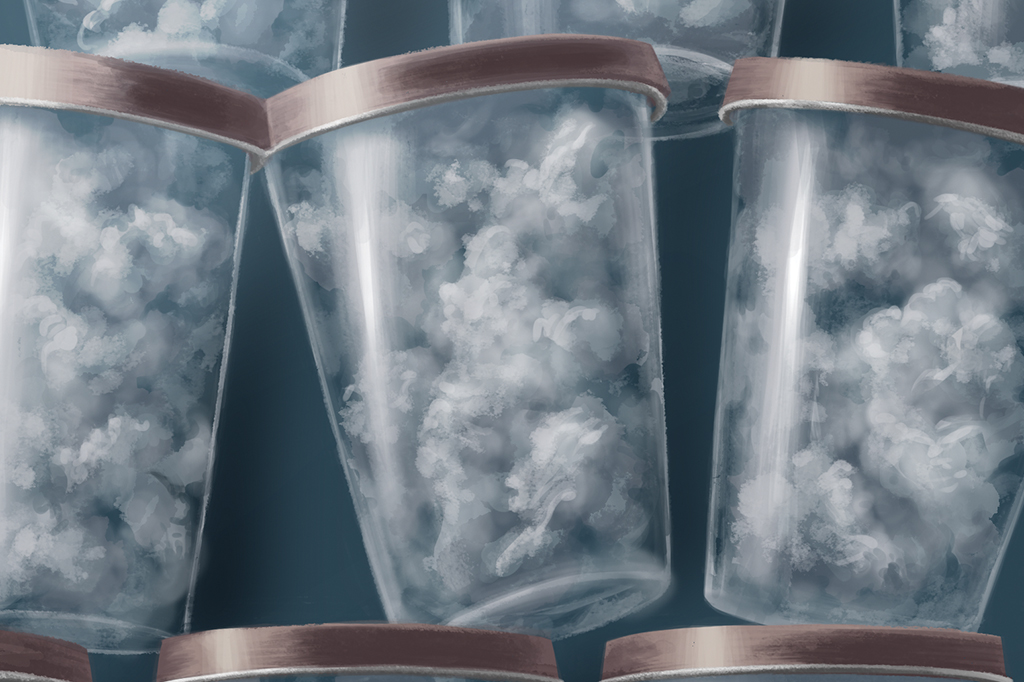 Ilustração de diversos copos preenchidos com fumaça empilhados.