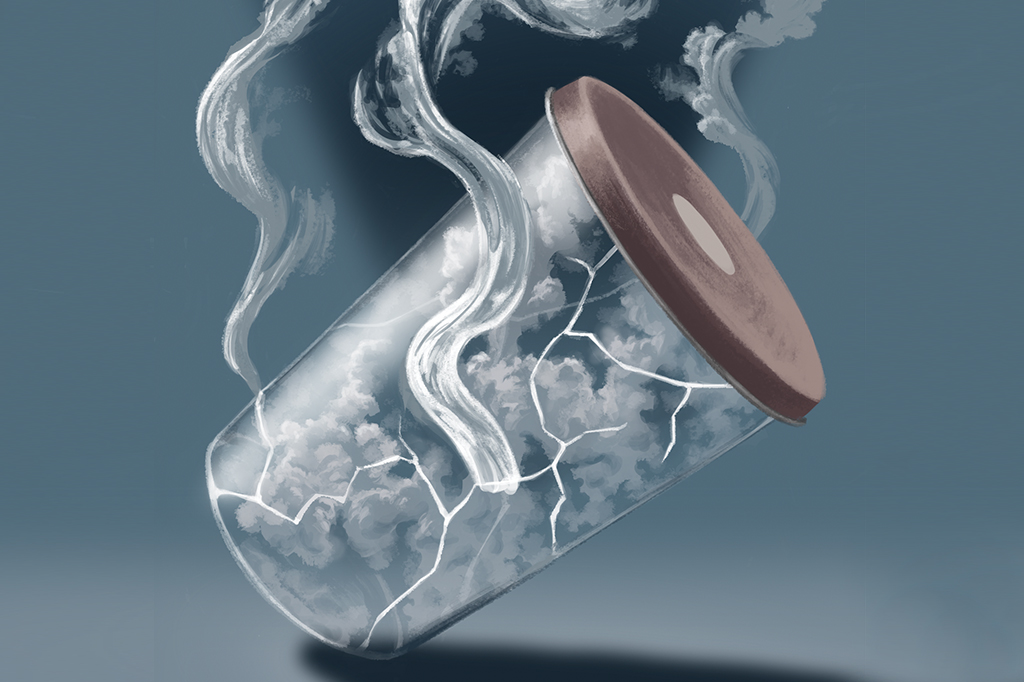 Ilustração de um copo preenchido com fumaça tombando, com um pouco de fumaça saindo das rachaduras.