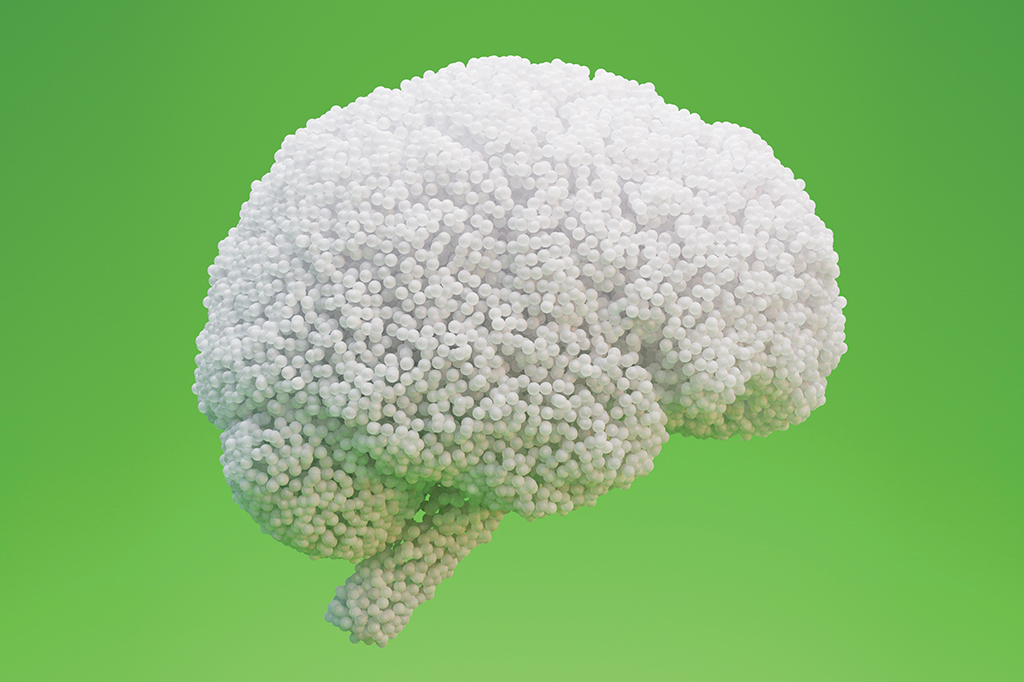 Ilustração 3D de um cérebro formado por diversas bolinhas de isopor.