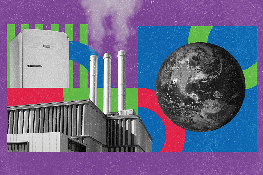 Colagem com uma geladeira, uma fábrica soltando fumaça e um planeta Terra.