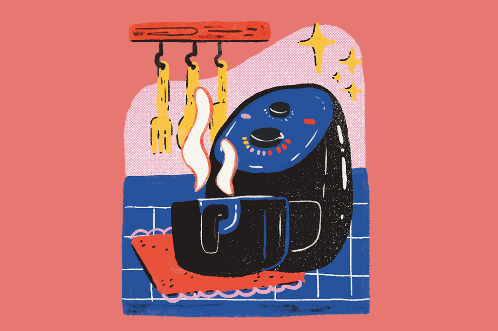 Cena ilustrada de uma air fryer disposta em uma bancada de cozinha.