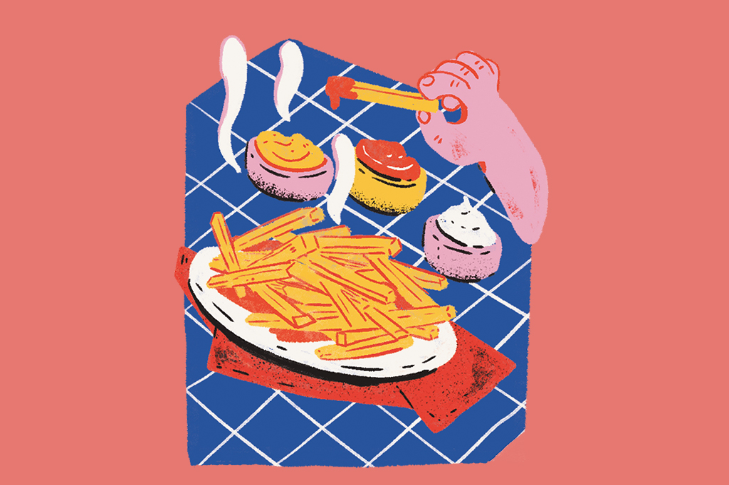 Cena ilustrada de uma travessa de batatas fritas, com uma mãozinha pegando uma e mergulhando em potinhos de molhos.