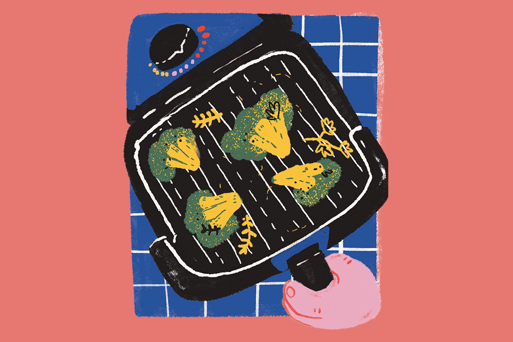 Cena ilustrada de uma mãozinha manuseando o cesto da air fryer, que tem brócolis e ervinhas dentro.