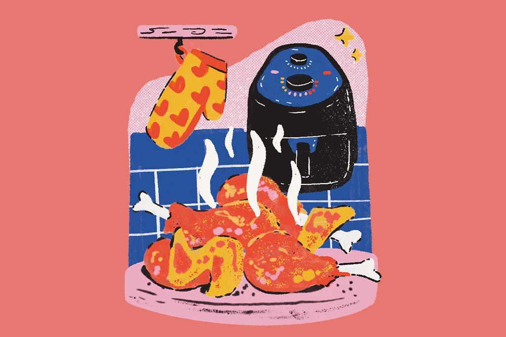 Cena ilustrada de pedaços de frango feitos na air fryer.