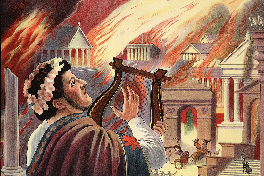 Parte do poster do filme "Quo Vadis", que mostra o imperador Nero tocando arpa enquanto Roma queima.