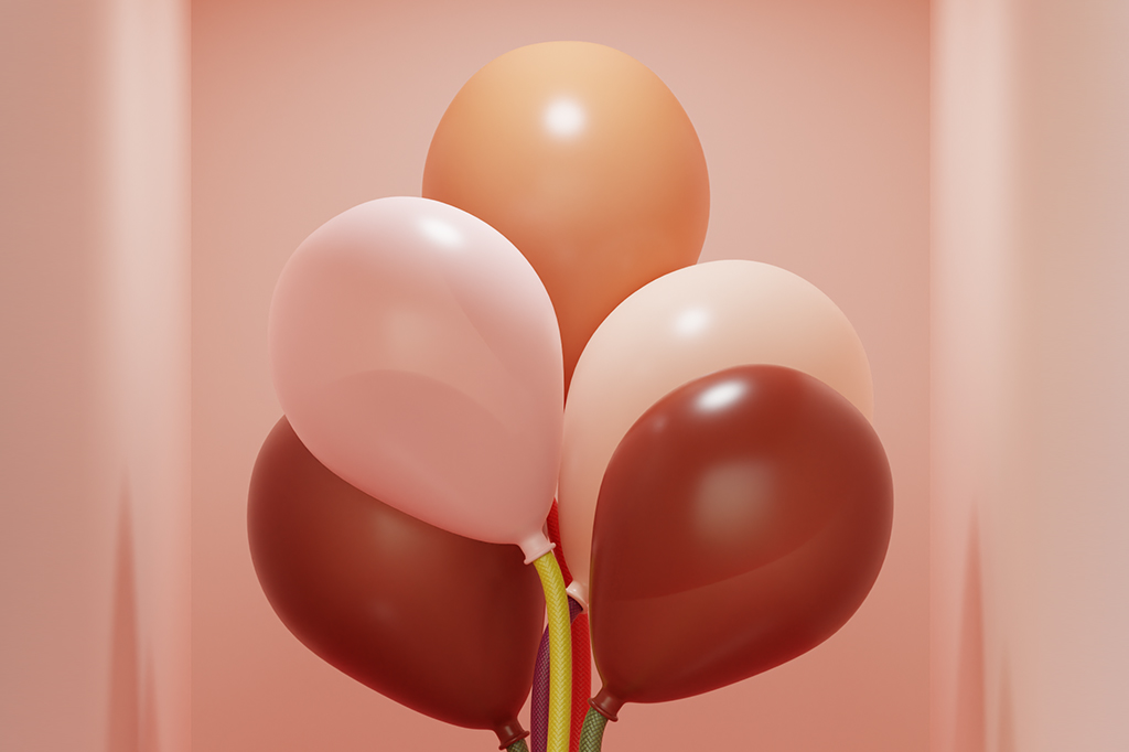 Ilustração 3D de diversos balões conectados a mangueiras.