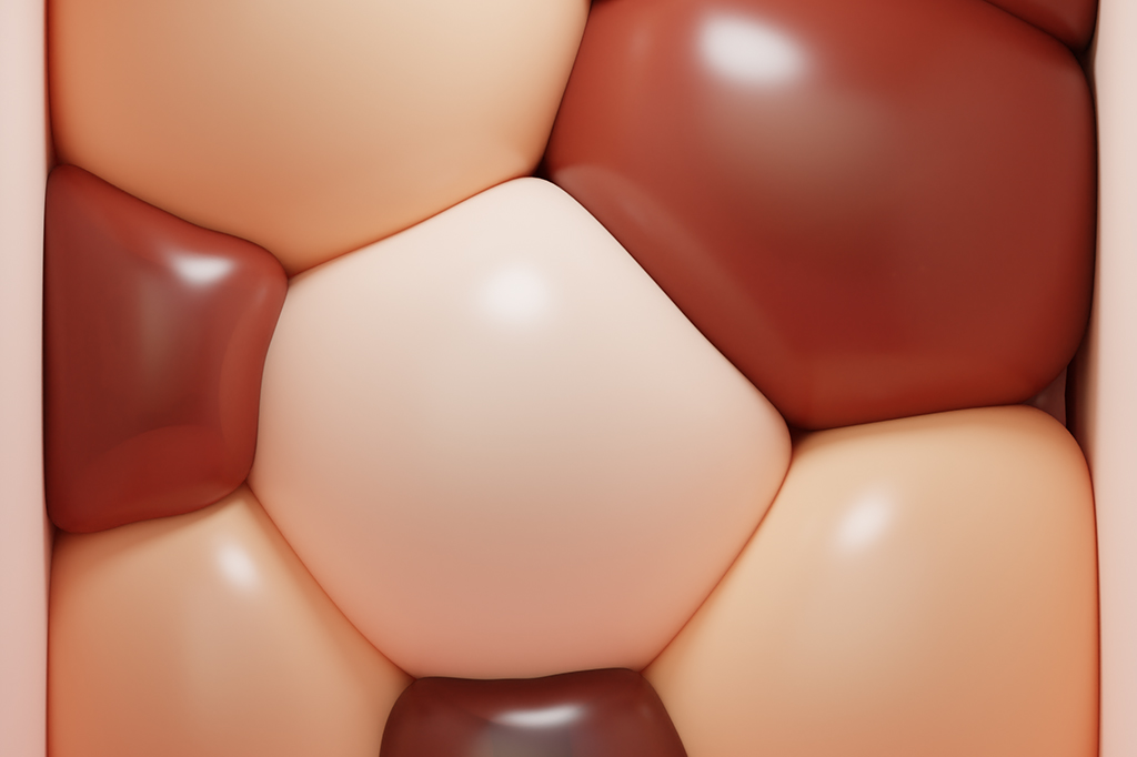 Ilustração 3D de diversos balões espremidos, preenchendo um espaço pequeno.