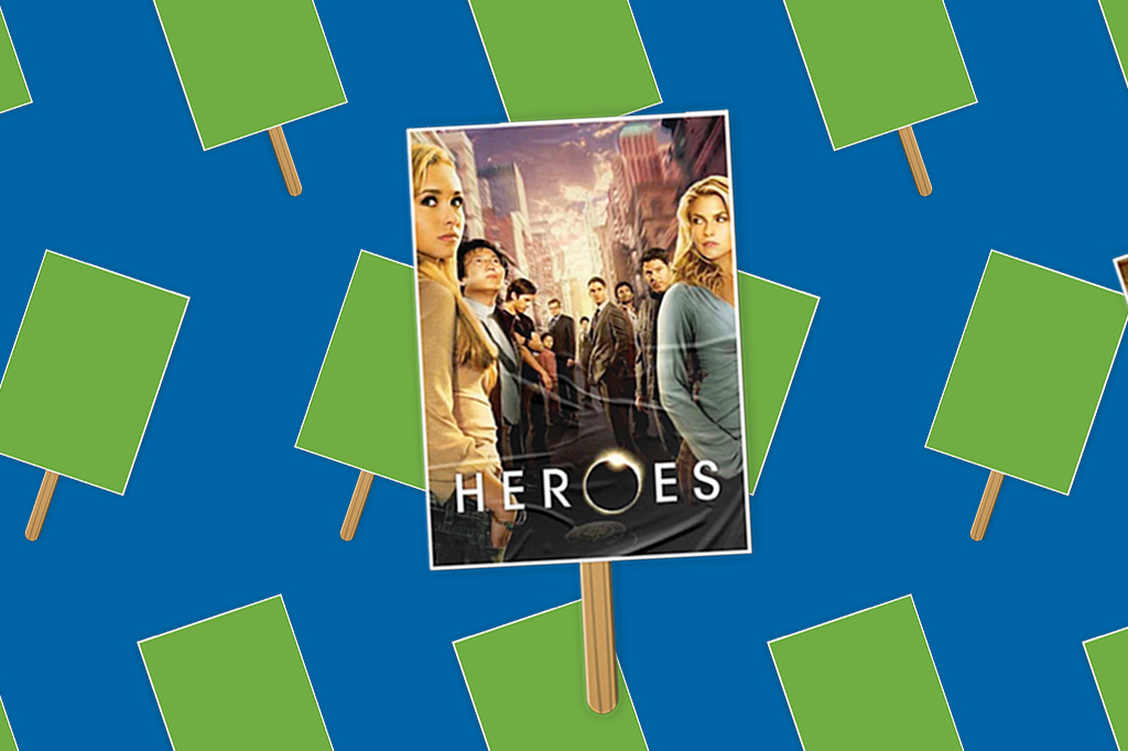 Montagem com a foto de divulgação da série Heroes em um cartaz vetorizado.