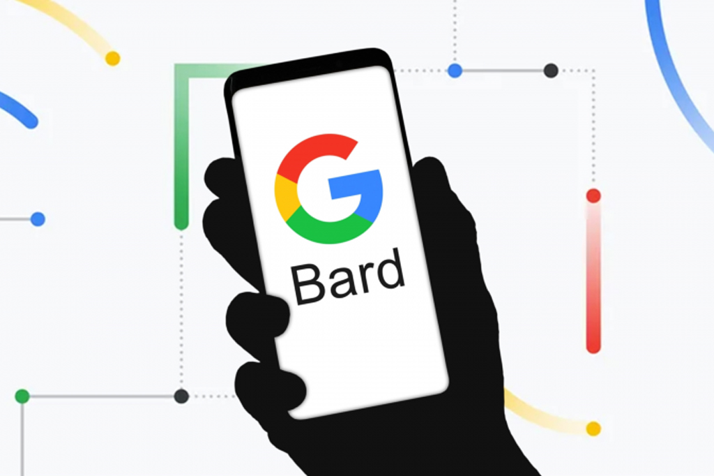 Silhueta de uma mão segurando um smartphone que exibe a logo do "Google Bard" na tela.