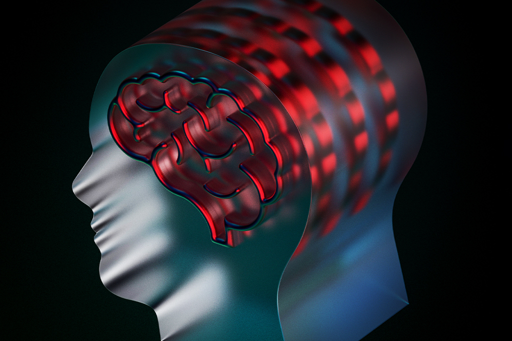 Ilustração 3D de uma silhueta de um perfil humano, com destaque para o cérebro, representado de forma vetorial.