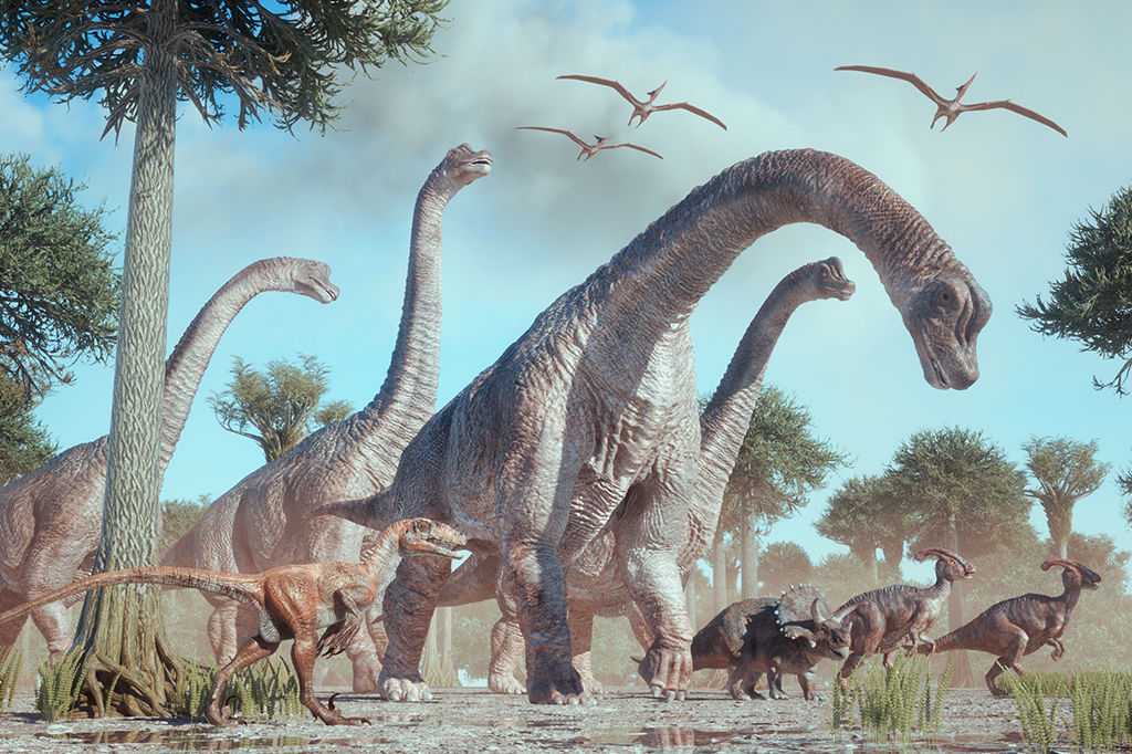 Ilustração de dinossauros pré-históricos.