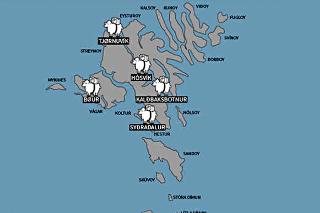 Mapa das Ilhas Faroé com pontos por onde as ovelhas passaram