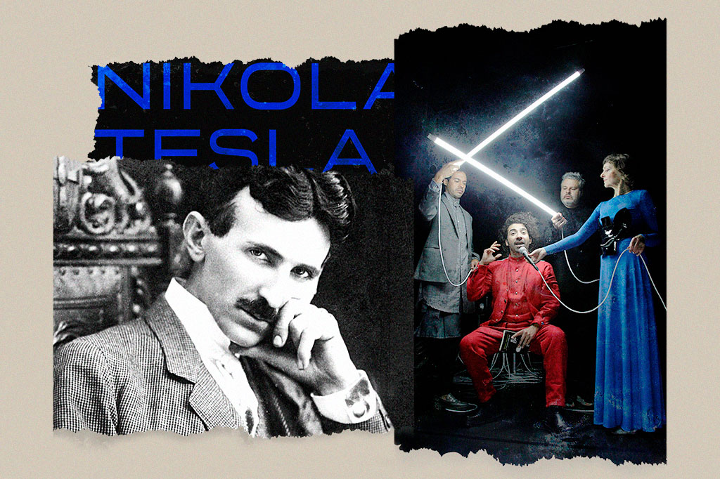 Montagem com as fotos de Nikola Tesla e atores na peça "O Universo Está Vivo Como Um Animal" com textura de rasgo de papel em fundo creme.