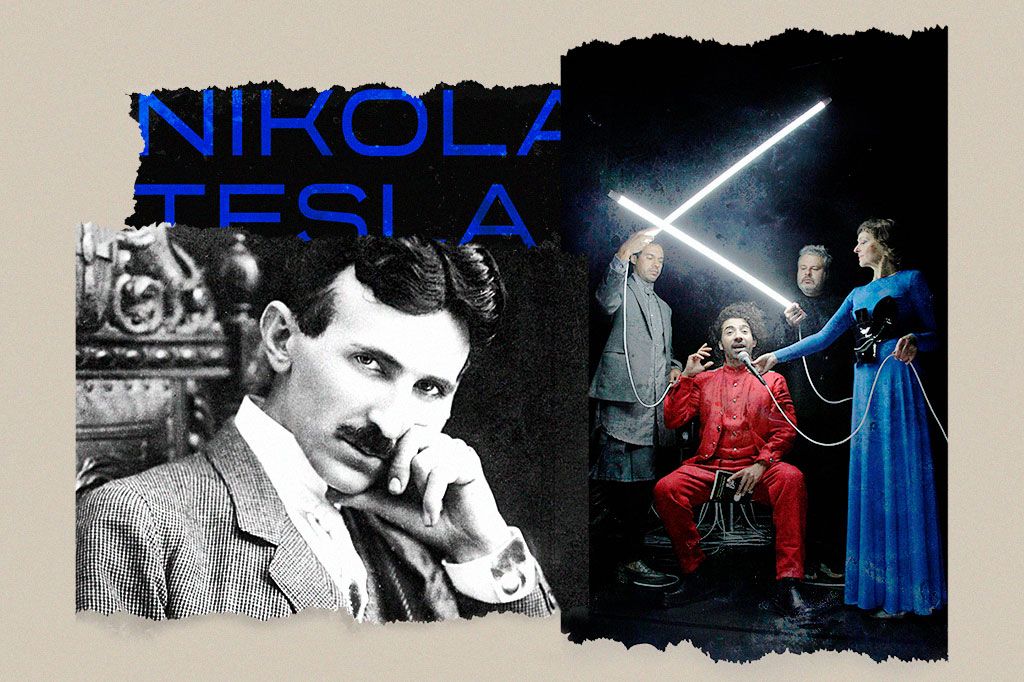 Montagem com as fotos de Nikola Tesla e atores na peça "O Universo Está Vivo Como Um Animal" com textura de rasgo de papel em fundo creme.