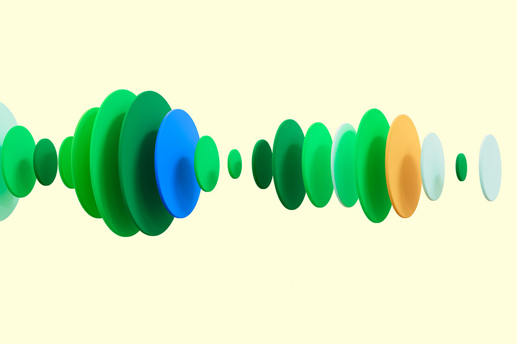 Ilustração 3D de círculos achatados coloridos em uma composição que remete a ondas de som; em fundo creme.