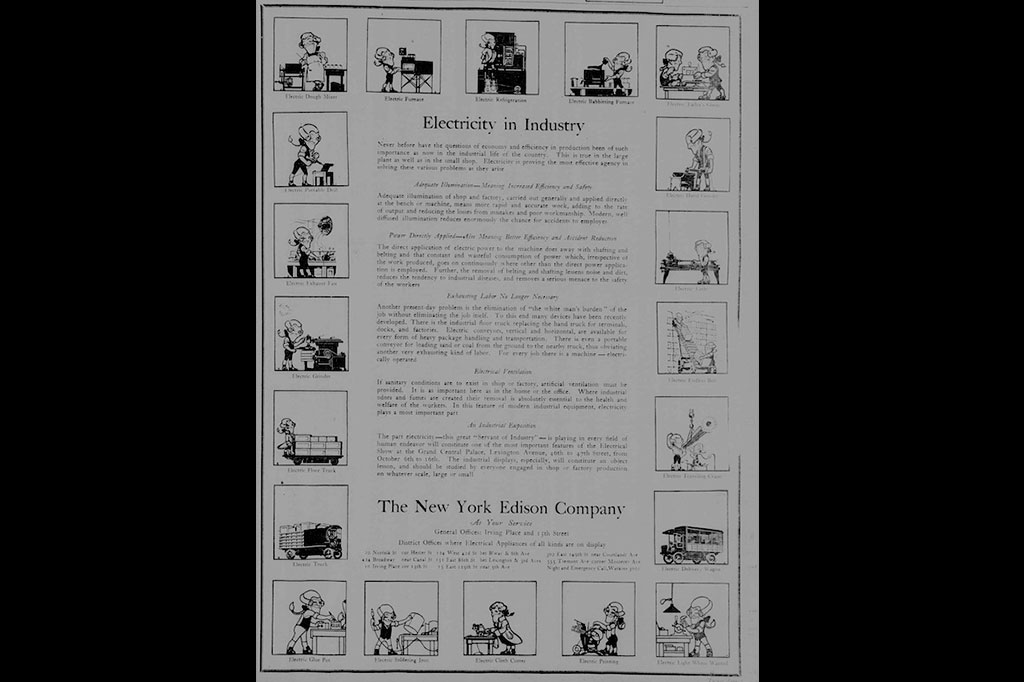 Cartaz publicada pelo New York Tribune em 5 de outubro de 1920, explicando os benefícios da eletricidade.
