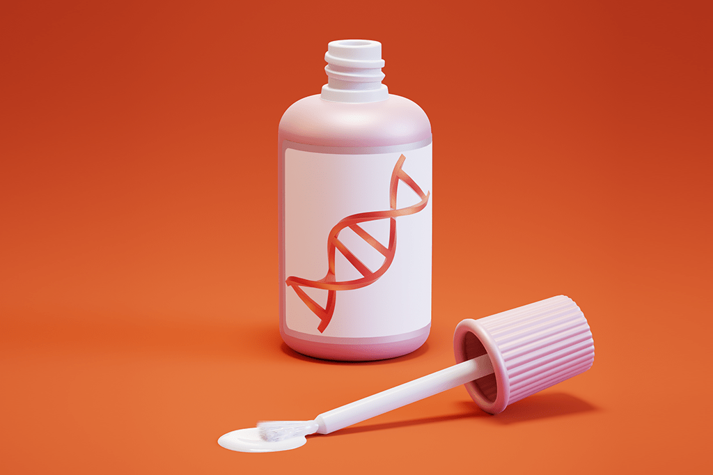 Imagem de um pote de corretivo líquido de texto com o rótulo mostrando um DNA.
