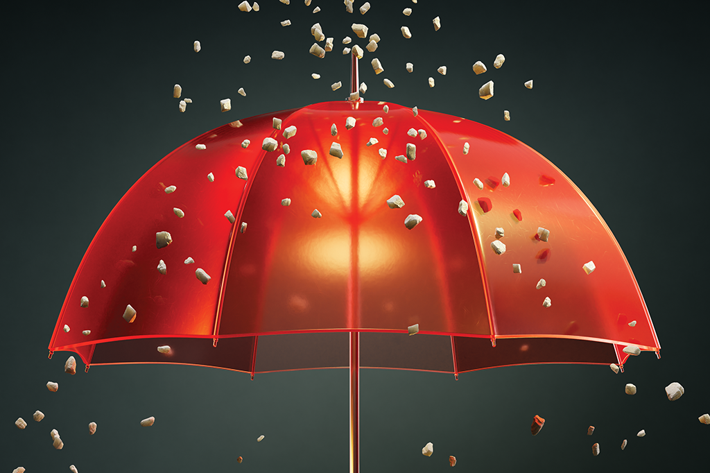Imagem de uma chuva de pedras caindo em cima de um guarda-chuva.
