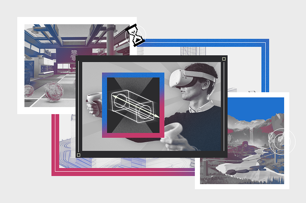 Colagem com uma pessoa utilizando um óculos de realidade virtual; cenário do Horizon Worlds com feno rolando, para mostrar que está deserto; cenário do Decentraland; e o wireframe de uma cidade virtual.