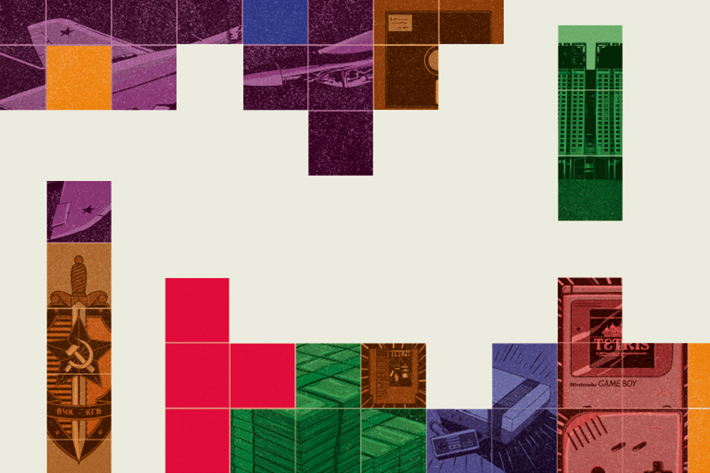 Ilustração com cenas da história da criação do Tetris dentro de áreas que formam amontoados de pecinhas do jogo.