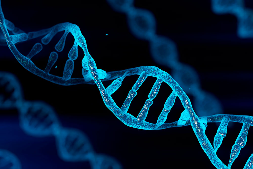 Ilustração 3D de DNA cromossomo azul.