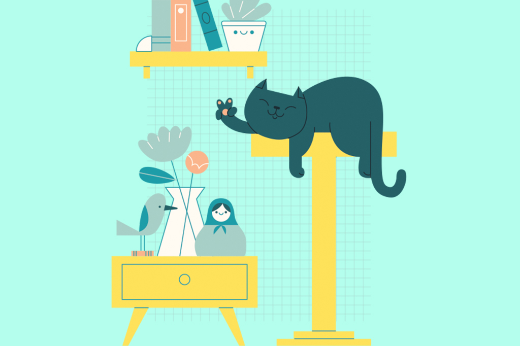 Ilustração de um gatinho feliz, deitado em um apoio no alto, ao lado de várias estantes com objetos nos seus devidos lugares.