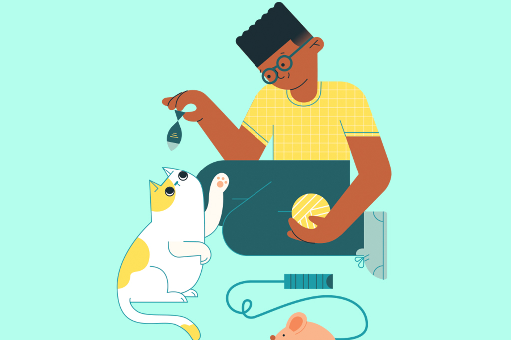 Adestre seu gato em casa Ilustração de gatinho ganhando petisco do dono.