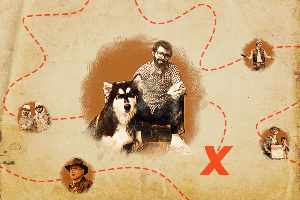Montagem com foco na imagem do George Lucas e seu cachorro de nome Indiana; a composição faz alusão a um mapa do tesouro.
