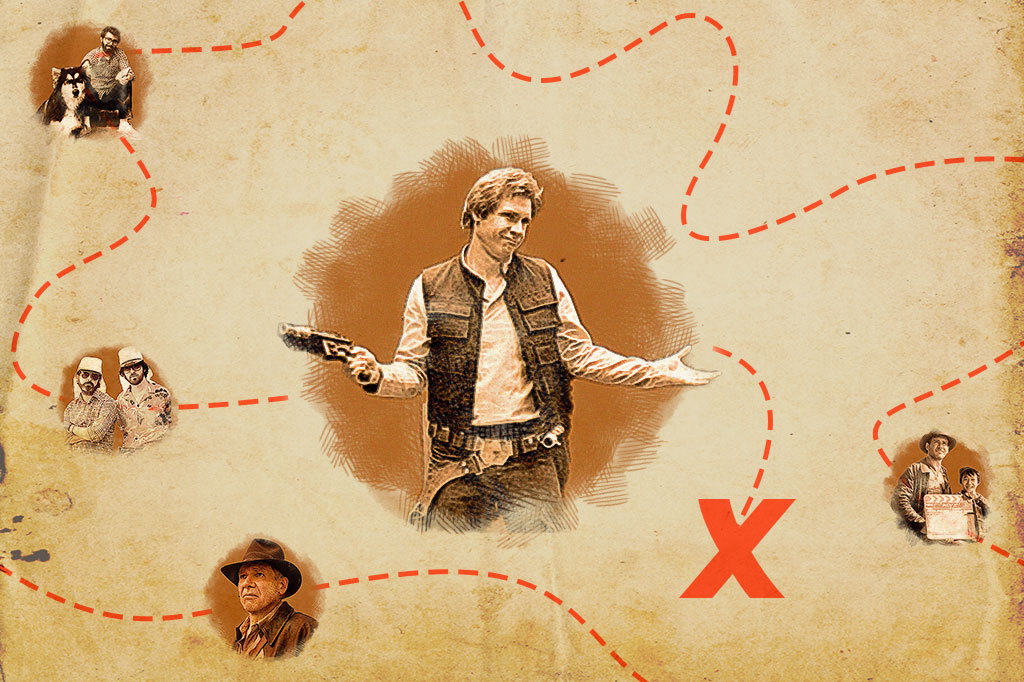 Montagem com foco na imagem do Han Solo; a composição faz alusão a um mapa do tesouro.