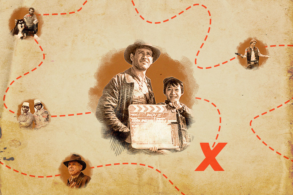 Montagem com foco na imagem dos bastidores do filme Indiana Jones e o Templo da Perdição (1984); a composição faz alusão a um mapa do tesouro.