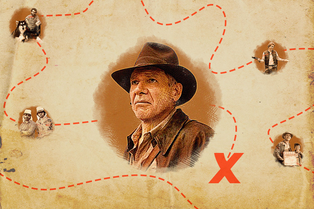 Montagem com foco na imagem do Harrison Ford no novo filme Indiana Jones e o Chamado do Destino (2023); a composição faz alusão a um mapa do tesouro.