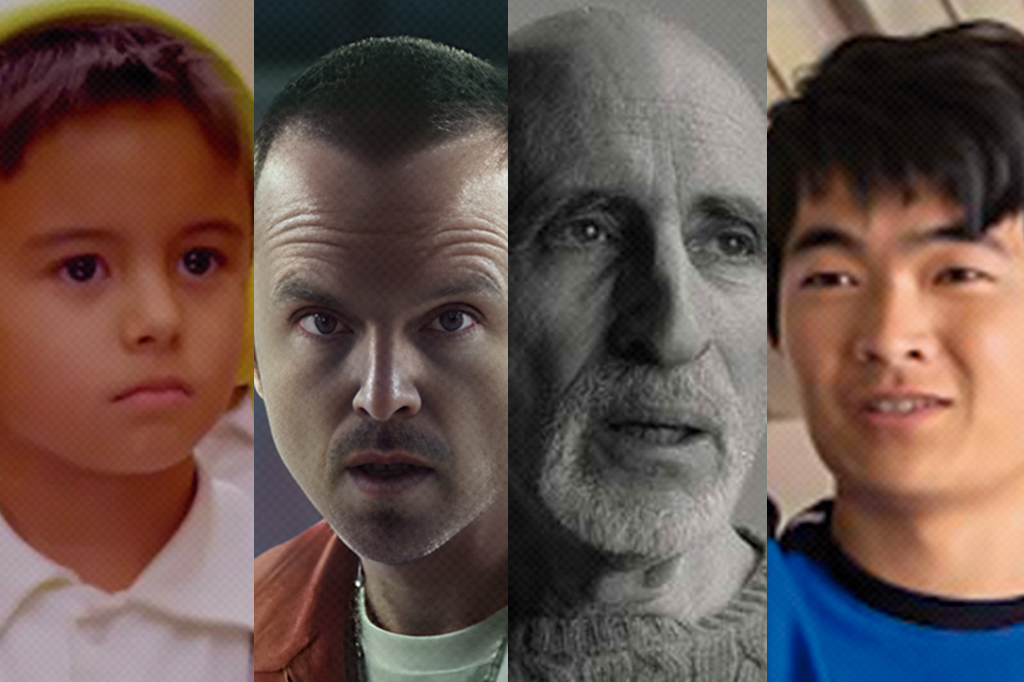 Montagem com a cena do filme O Jeremias (2015); a série Black Mirror; o documentário O Método de Stutz (2022) e a série A Jornada de Jin Wang (2023) respectivamente.