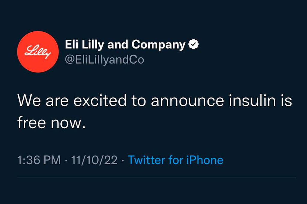 Captura de tela mostrando tweet postado pela conta fake da farmacêutica Eli Lilly.