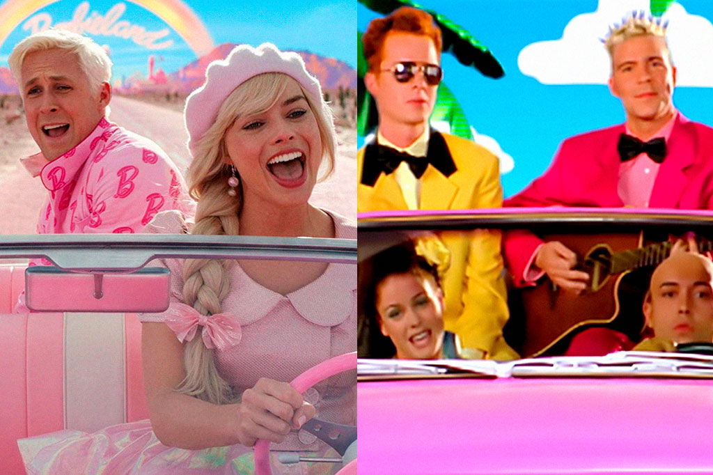 Montagem de fotos; do lado direito foto de divulgação do filme Barbie (2023), na esquerda cena do clipe Barbie Girl da banda Aqua.