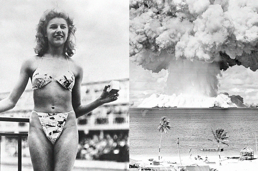Montagem de fotos; na direita foto da modelo Micheline Bernardini apresentando o primeiro biquíni, na esquerda foto da vista da explosão da bomba atômica "Baker" no Atol de Bikini em 25 de julho de 1946.