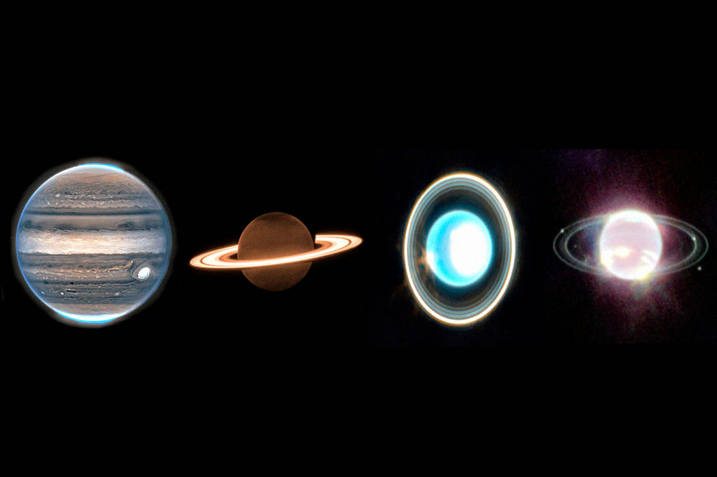 A partir da esquerda, Júpiter, Saturno, Urano e Netuno vistos no infravermelho próximo pelo JWST.
