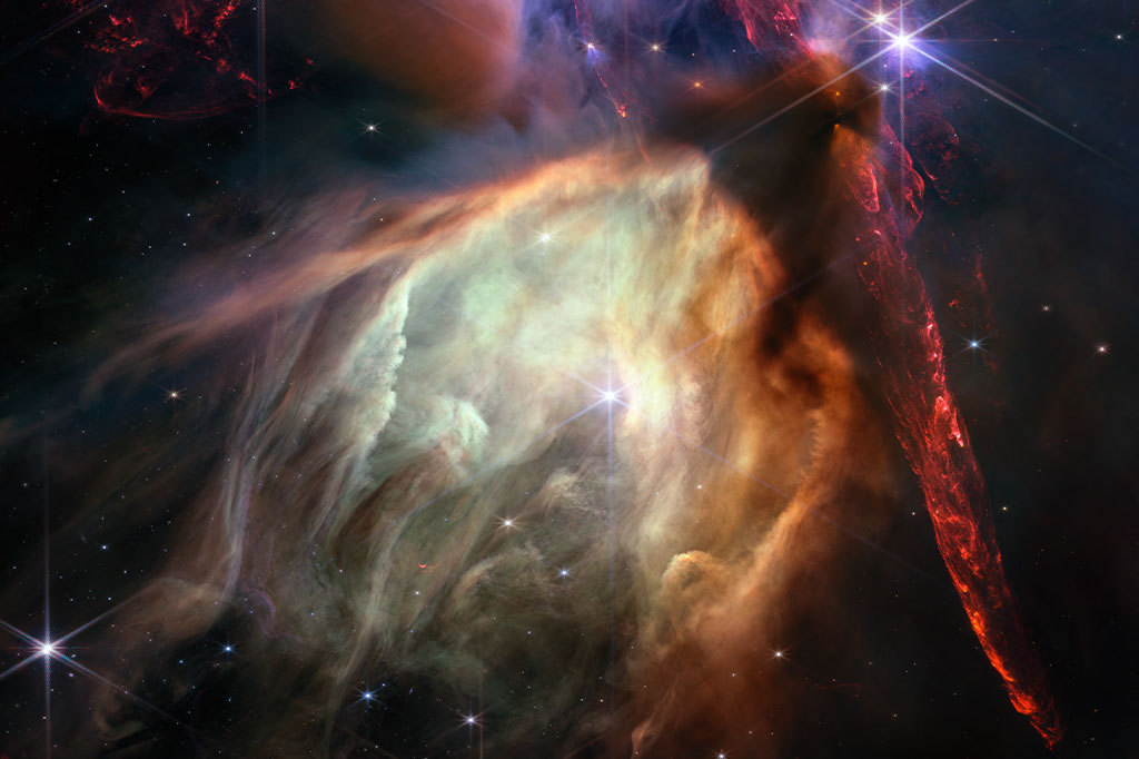 Telescópio Espacial James Webb da NASA mostra o nascimento de estrelas cheio de detalhes e com textura impressionista.