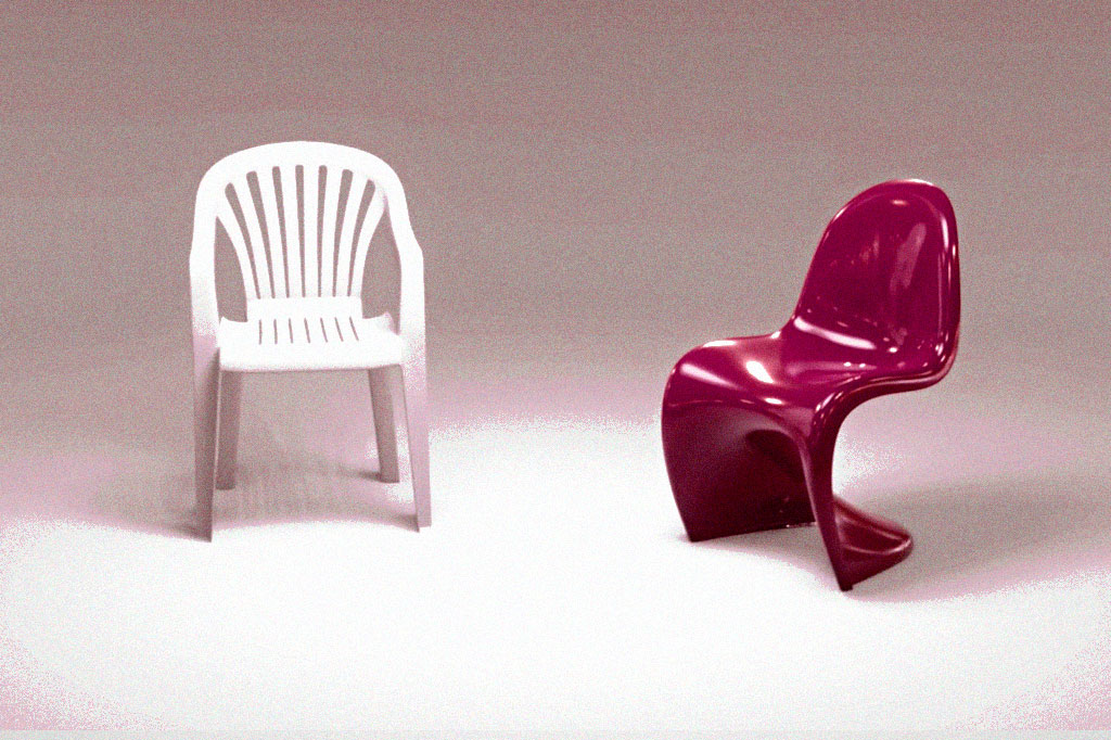 Foto das cadeiras Resin Garden Chair e Panton Chair.